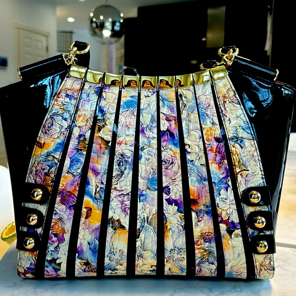 IRINA SIGNATURE SERIES II LARGE FLORAL PRINT PRINT-LEATHER HANDBAG